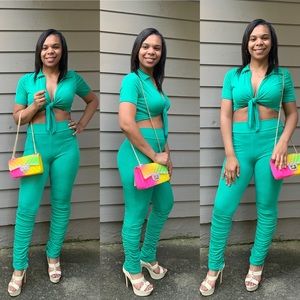 Green Pants set with crop top